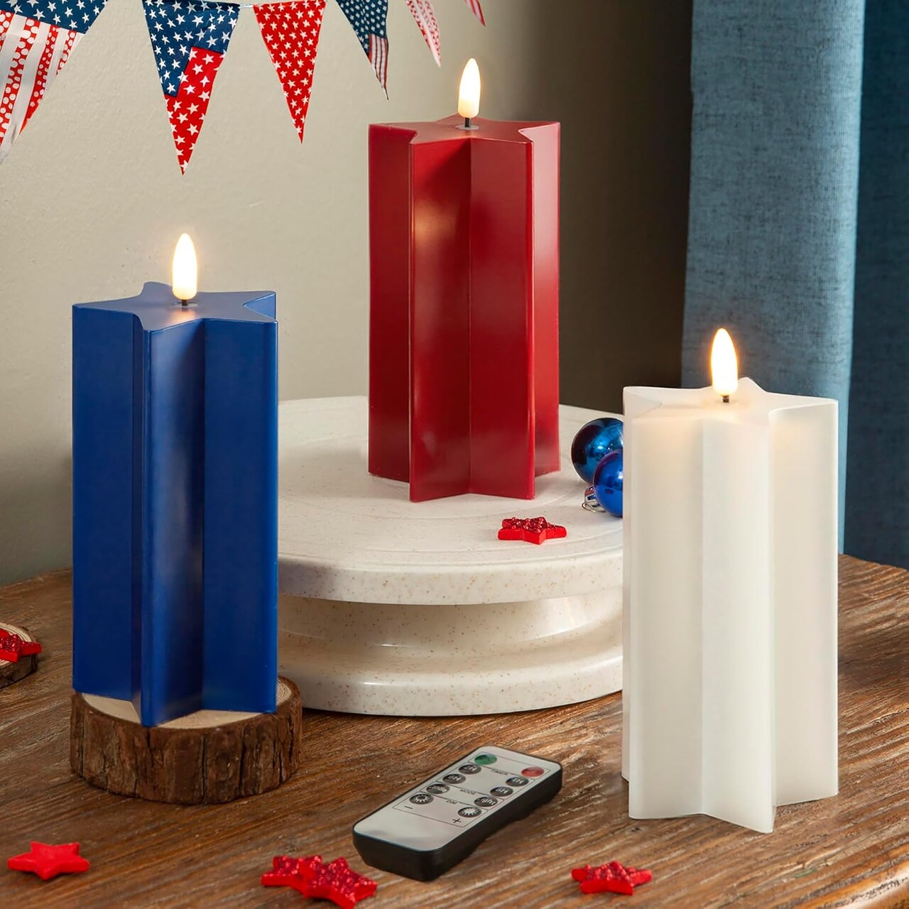 4th of July Flameless Candles with Remote, 3 Pack Patriotic Battery Operated Candles, Real Wax LED Candles Star Shape Fake Candle for Home Party White Blue Red